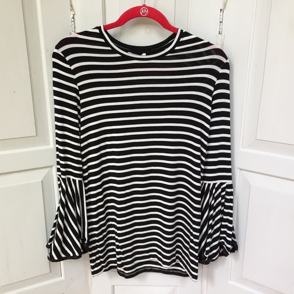 Maette Black & White Striped Bell Sleeve Top - Picture 1 of 15